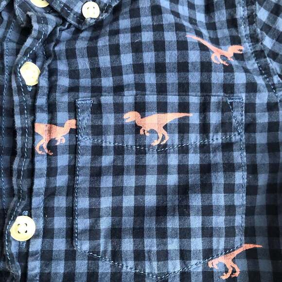 BABY GAP Button-Down Short Sleeve Dino Graphinc Plaid Blue Shirt Toddler Size 3 - Picture 3 of 7
